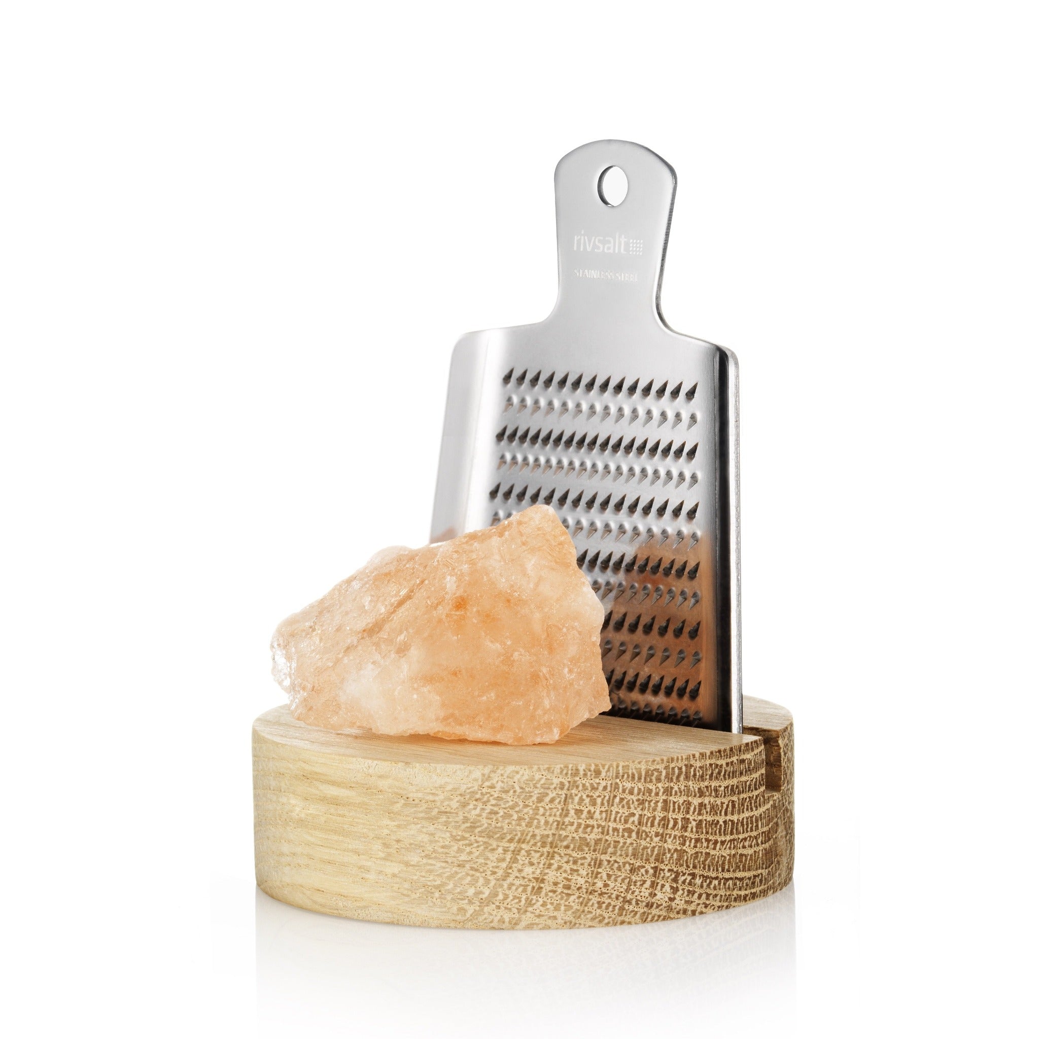 001 RIVSALT [THE ORIGINAL] - stainless steel grater. stand in natural wood. himalayan salt rock. stylish gift pack.
