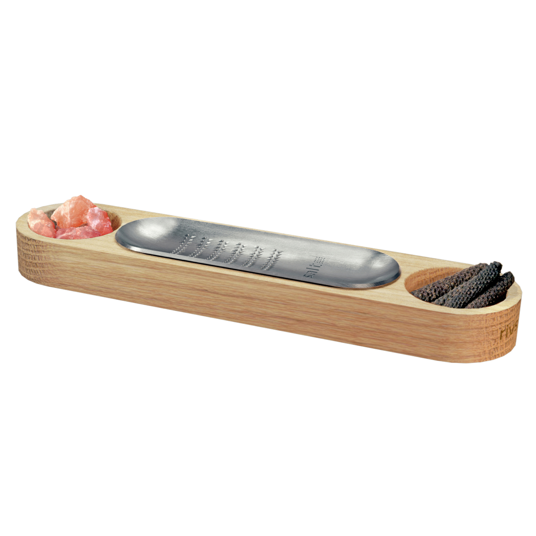 034 SALT & PEPPER [THE DINING TABLE ESSENTIALS] - stainless steel grater. natural wood stand. himalayan salt rocks. java long peppers. sleek gift box.