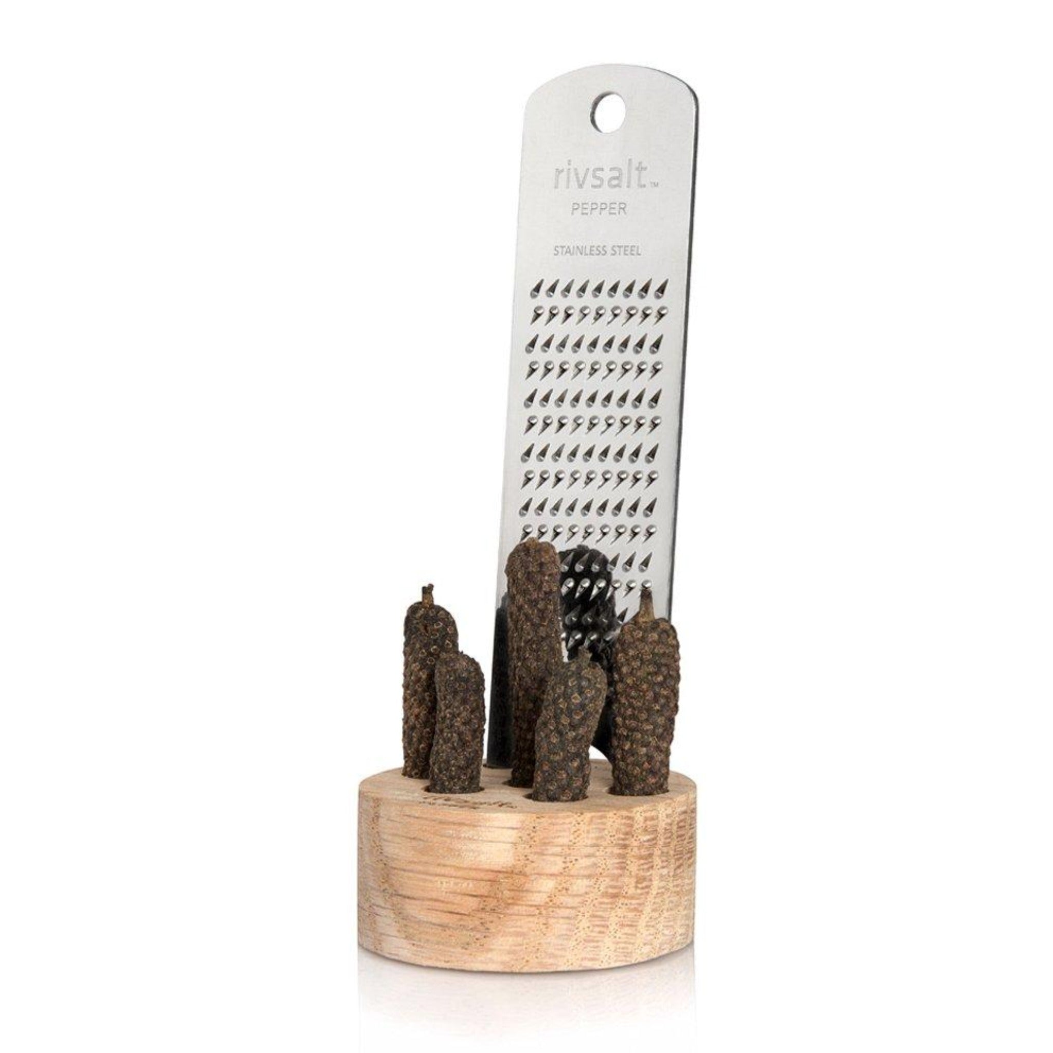 011 PEPPER - stainless steel grater. stand in natural oak. java long peppers. stylish gift pack.