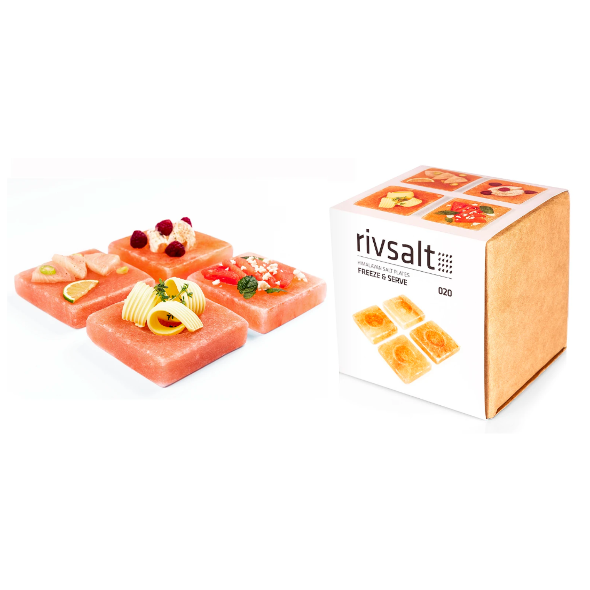 020 FREEZE & SERVE - four himalayan salt plates with indents. sleek gift pack.