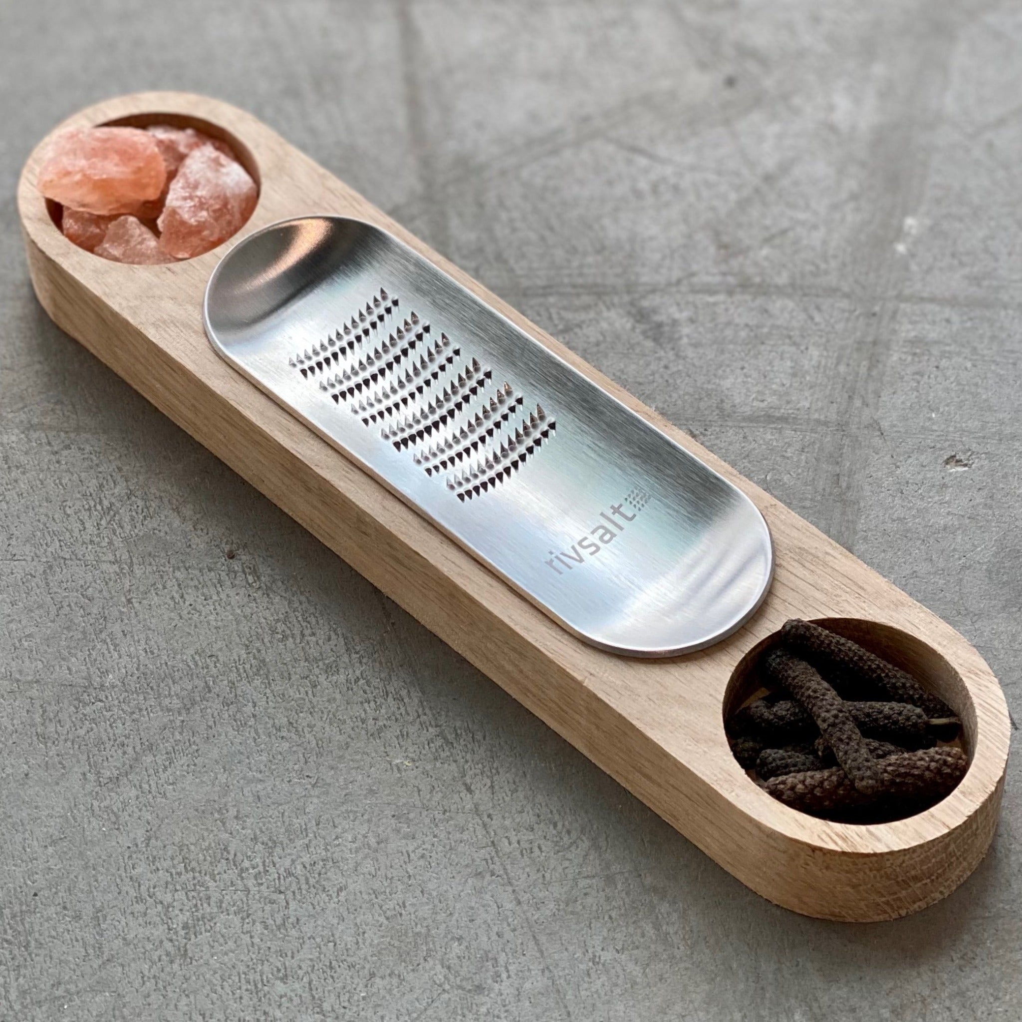 034 SALT & PEPPER [THE DINING TABLE ESSENTIALS] - stainless steel grater. natural wood stand. himalayan salt rocks. java long peppers. sleek gift box.